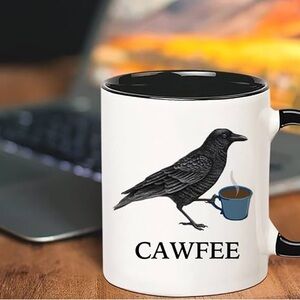Cawfee Raven Ceramic Coffee Mug - White with Black Interior